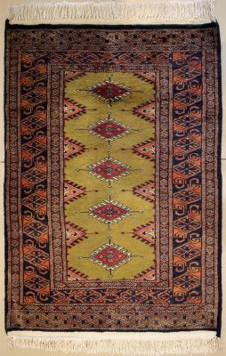 2'1x3'0 Bokhara Jaldar Area Rug with Wool Pile - Geometric Diamond Design | Hand-Knotted in Green