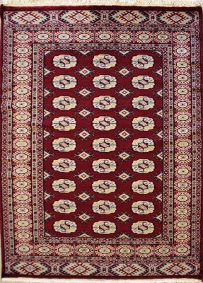 4'1x6'1 Bokhara Jaldar Area Rug with Silk & Wool Pile - Special Mori Bokhara Elephant Foot Design | Hand-Knotted in Red