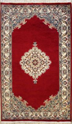 3'11x6'0 Pak Persian Area Rug with Silk & Wool Pile - Floral Diamond Design | Hand-Knotted in Red