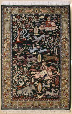 3'0x5'4 Pak Persian High Quality Area Rug with Silk & Wool Pile - Pictorial Hunting Shikargah Design | Hand-Knotted in Green