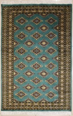 4'2x6'3 Bokhara Jaldar Area Rug with Silk & Wool Pile - Geometric Diamond Design | Hand-Knotted in Green