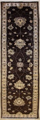 1'11x8'10 Chobi Ziegler Area Rug made using Vegetable dyes with Wool Pile - Floral Design | Hand-Knotted in Dark Brown