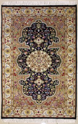 3'0x5'1 Pak Persian High Quality Area Rug with Silk & Wool Pile - Floral Design | Hand-Knotted in Blue