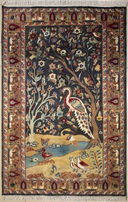 4'0x5'10 Pak Persian Area Rug with Silk & Wool Pile - Pictorial Hunting Shikargah Design | Hand-Knotted in Grey