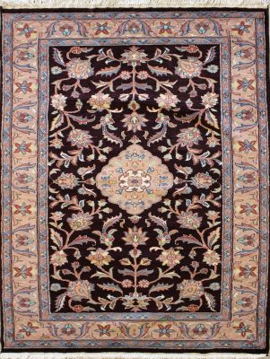 4'1x5'10 Pak Persian Area Rug with Silk & Wool Pile - Floral Design | Hand-Knotted in Dark Brown