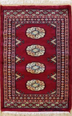 2'0x3'2 Bokhara Jaldar Area Rug with Wool Pile - Special Mori Bokhara Elephant Foot Design | Hand-Knotted in Red