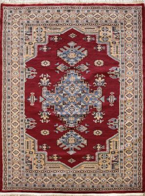 4'1x5'8 Caucasian Design Area Rug with Wool Pile - Geometric Design | Hand-Knotted in Red