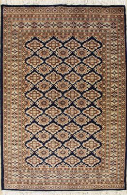 4'1x6'1 Bokhara Jaldar Area Rug with Silk & Wool Pile - Geometric Elephant Foot Design | Hand-Knotted in Blue