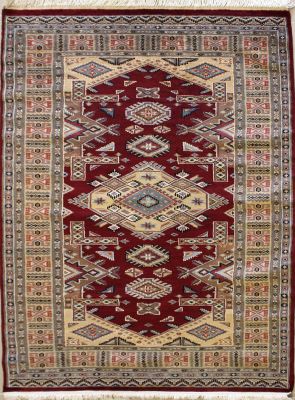 4'0x5'11 Caucasian Design Area Rug with Wool Pile - Geometric Design | Hand-Knotted in Red