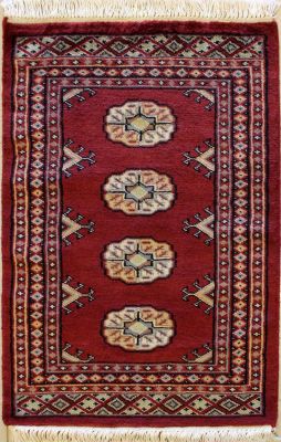 2'0x3'1 Bokhara Jaldar Area Rug with Wool Pile - Special Mori Bokhara Elephant Foot Design | Hand-Knotted in Red