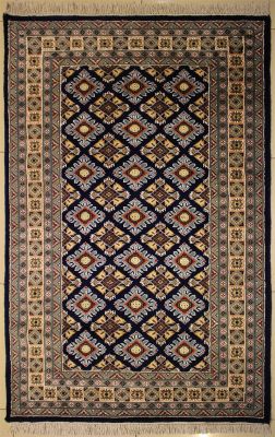 4'1x6'3 Bokhara Jaldar Area Rug with Silk & Wool Pile - Geometric Diamond Design | Hand-Knotted in Blue