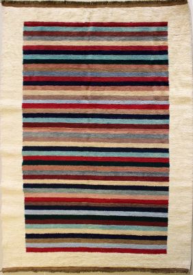 4'0x5'9 Gabbeh Area Rug with Wool Pile - Striped Design | Hand-Knotted Multicolored | 4x6