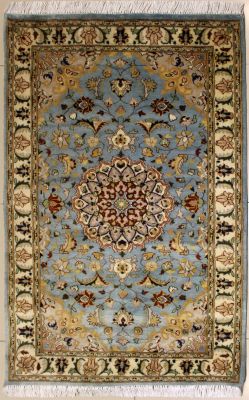 3'0x5'3 Pak Persian High Quality Area Rug with Silk & Wool Pile - Floral Design | Hand-Knotted in Greenish Blue