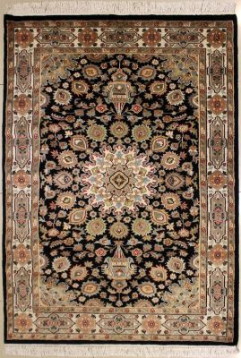 4'1x5'11 Pak Persian Area Rug with Silk & Wool Pile - Ardabil Floral Design | Hand-Knotted in Black