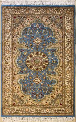 3'0x5'2 Pak Persian High Quality Area Rug with Silk & Wool Pile - Floral Design | Hand-Knotted in Greenish Blue