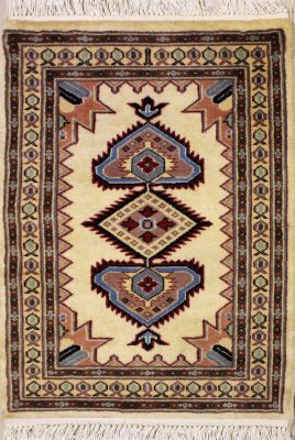 2'1x3'0 Caucasian Design Area Rug with Wool Pile - Geometric Design | Hand-Knotted in White