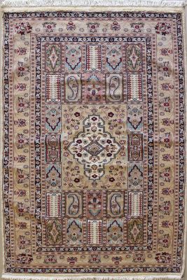 4'0x5'11 Pak Persian Area Rug with Silk & Wool Pile - Bakhtiari Panel Design | Hand-Knotted in Ivory