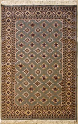 4'1x5'10 Bokhara Jaldar Area Rug with Silk & Wool Pile - Geometric Diamond Design | Hand-Knotted in Grey