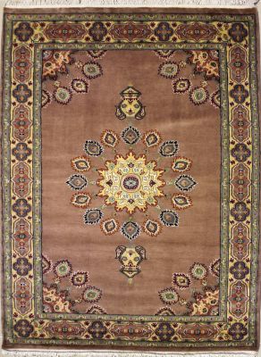 4'1x5'11 Pak Persian Area Rug with Silk & Wool Pile - Ardabil Medallion Design | Hand-Knotted in Beige