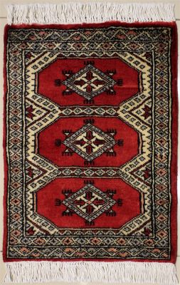 1'5x1'11 Bokhara Jaldar Area Rug with Wool Pile - Geometric Diamond Design | Hand-Knotted in Red