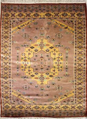 4'1x5'10 Pak Persian Area Rug with Wool Pile - Medallion Geometric Design | Hand-Knotted in Beige