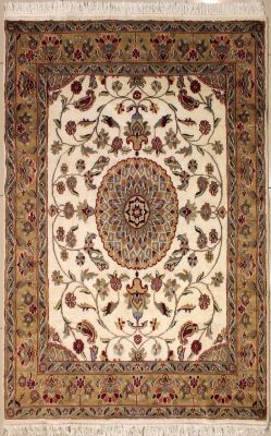 4'1x6'0 Pak Persian Area Rug with Silk & Wool Pile - Floral Design | Hand-Knotted in Ivory