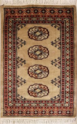 2'0x3'2 Bokhara Jaldar Area Rug with Wool Pile - Special Mori Bokhara Elephant Foot Design | Hand-Knotted in Beige