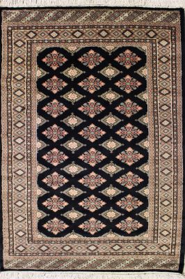 4'0x6'3 Bokhara Jaldar Area Rug with Silk & Wool Pile - Geometric Diamond Design | Hand-Knotted in Black