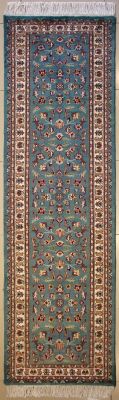 2'7x10'1 Pak Persian Area Rug with Silk & Wool Pile - Floral Design | Hand-Knotted in Greenish Blue