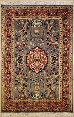 4'1x6'0 Pak Persian Area Rug with Silk & Wool Pile - Pictorial Hunting Shikargah Design | Hand-Knotted in Grey