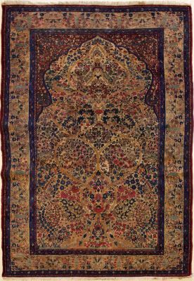 4'4x7'0 Pak Persian High Quality Area Rug with Wool Pile - Old kirman Pictorial Design | Hand-Knotted in Beige