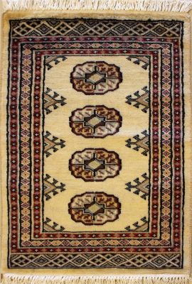 2'0x3'1 Bokhara Jaldar Area Rug with Wool Pile - Special Mori Bokhara Elephant Foot Design | Hand-Knotted in White
