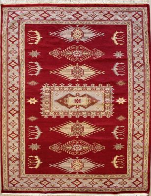 4'1x6'0 Caucasian Design Area Rug with Silk & Wool Pile - Geometric Diamond Design | Hand-Knotted in Red