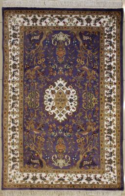 4'0x6'2 Pak Persian Area Rug with Silk & Wool Pile - Pictorial Hunting Shikargah Design | Hand-Knotted in Purple