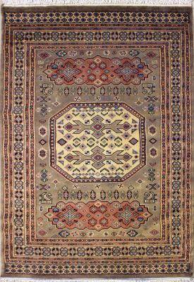 4'1x6'2 Caucasian Design Area Rug with Wool Pile - Geometric Design | Hand-Knotted in Beige