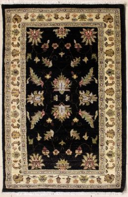 2'11x5'1 Chobi Ziegler Area Rug made using Vegetable dyes with Wool Pile - Floral Design | Hand-Knotted in Black