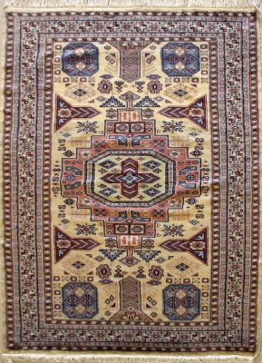 4'1x5'11 Caucasian Design Area Rug with Wool Pile - Geometric Design | Hand-Knotted in White