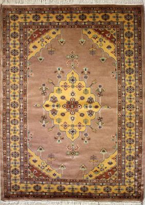 4'2x5'9 Pak Persian Area Rug with Silk & Wool Pile - Medallion Design | Hand-Knotted in Beige