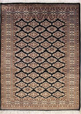 4'1x6'2 Bokhara Jaldar Area Rug with Silk & Wool Pile - Geometric Diamond Design | Hand-Knotted in Black