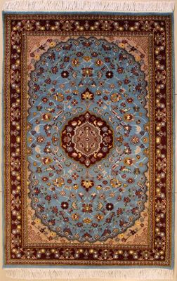 3'1x5'2 Pak Persian High Quality Area Rug with Silk & Wool Pile - Floral Design | Hand-Knotted in Greenish Blue