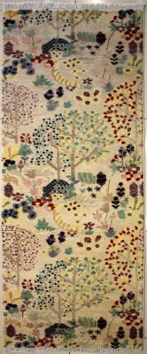 2'1x6'1 Chobi Ziegler Area Rug made using Vegetable dyes with Wool Pile - Floral Design | Hand-Knotted in White