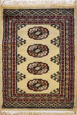 2'0x3'2 Bokhara Jaldar Area Rug with Wool Pile - Special Mori Bokhara Elephant Foot Design | Hand-Knotted in White