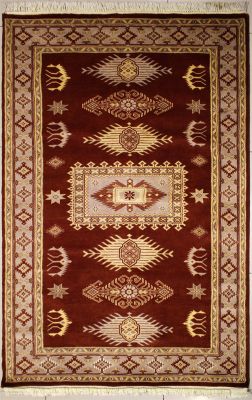 4'2x6'1 Caucasian Design Area Rug with Silk & Wool Pile - Geometric Design | Hand-Knotted in Red