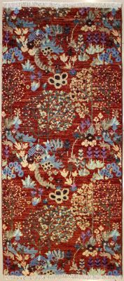 2'6x6'1 Chobi Ziegler Area Rug made using Vegetable dyes with Wool Pile - Floral Design | Hand-Knotted in Red