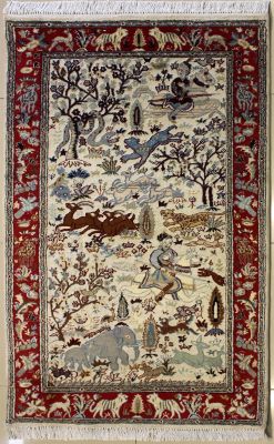 3'0x5'7 Pak Persian High Quality Area Rug with Silk & Wool Pile - Pictorial Hunting Shikargah Design | Hand-Knotted in Ivory