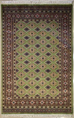 4'1x6'0 Bokhara Jaldar Area Rug with Silk & Wool Pile - Geometric Diamond Design | Hand-Knotted in Green