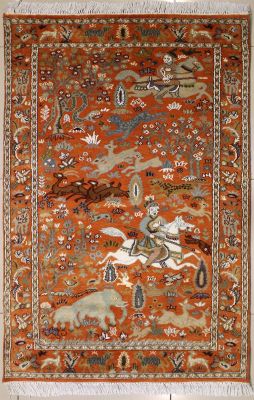 3'1x5'6 Pak Persian High Quality Area Rug with Silk & Wool Pile - Pictorial Hunting Shikargah Design | Hand-Knotted in Orange