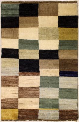 4'0x5'9 Gabbeh Area Rug with Wool Pile - Checkered Design | Hand-Knotted Multicolored | 4x6
