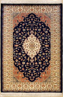 4'1x6'2 Pak Persian Area Rug with Silk & Wool Pile - Floral Design | Hand-Knotted in Blue
