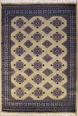 4'1x5'9 Bokhara Jaldar Area Rug with Silk & Wool Pile - Geometric Design | Hand-Knotted in Beige